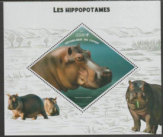 Congo 2019 Hippos perf m/sheet containing one diamond shaped value unmounted mint, stamps on shaped, stamps on diamond, stamps on animals, stamps on hippos