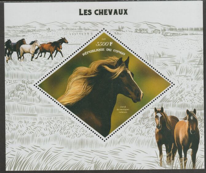 Congo 2019 Horses perf m/sheet containing one diamond shaped value unmounted mint, stamps on shaped, stamps on diamond, stamps on animals, stamps on horses