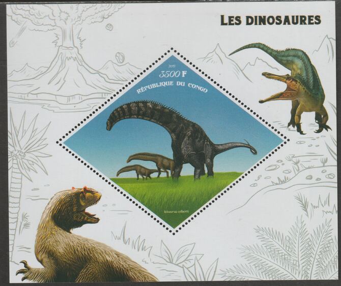 Congo 2019 Dinosaurs perf m/sheet containing one diamond shaped value unmounted mint, stamps on shaped, stamps on diamond, stamps on animals, stamps on dinosaurs