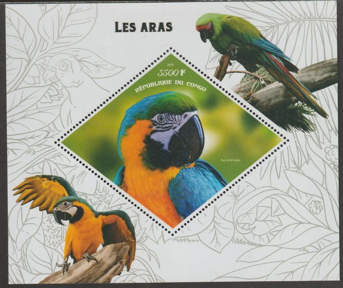 Congo 2019 Macaws perf m/sheet containing one diamond shaped value unmounted mint, stamps on shaped, stamps on diamond, stamps on birds, stamps on macaws