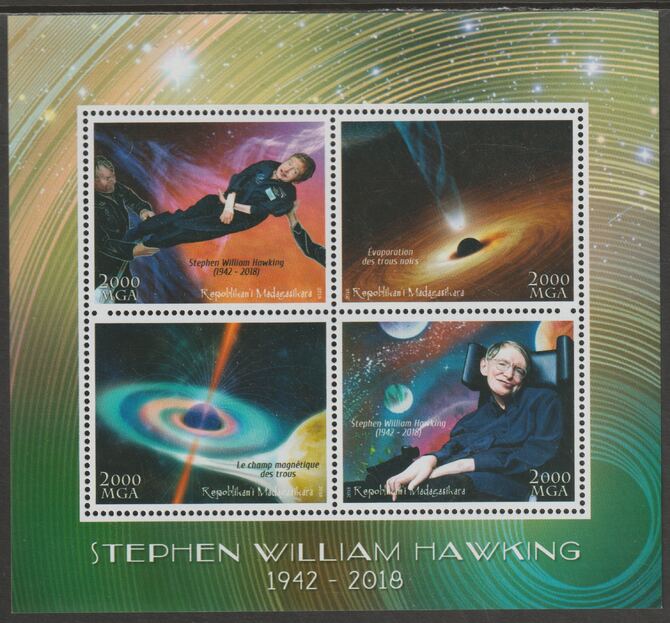Madagascar 2017 Stephen Hawkin perf sheet containing four values unmounted mint, stamps on personalities, stamps on hawking, stamps on science, stamps on physics, stamps on space