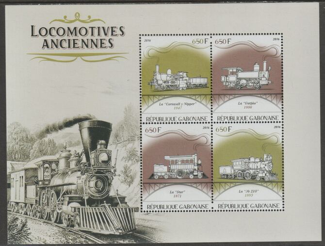 Gabon 2016 Early Locomotives #1 perf sheet containing four values unmounted mint, stamps on , stamps on  stamps on railways