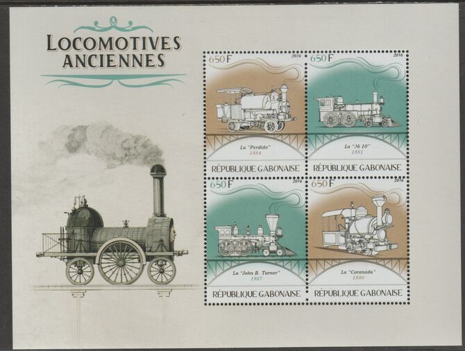 Gabon 2016 Early Locomotives #3 perf sheet containing four values unmounted mint, stamps on , stamps on  stamps on railways