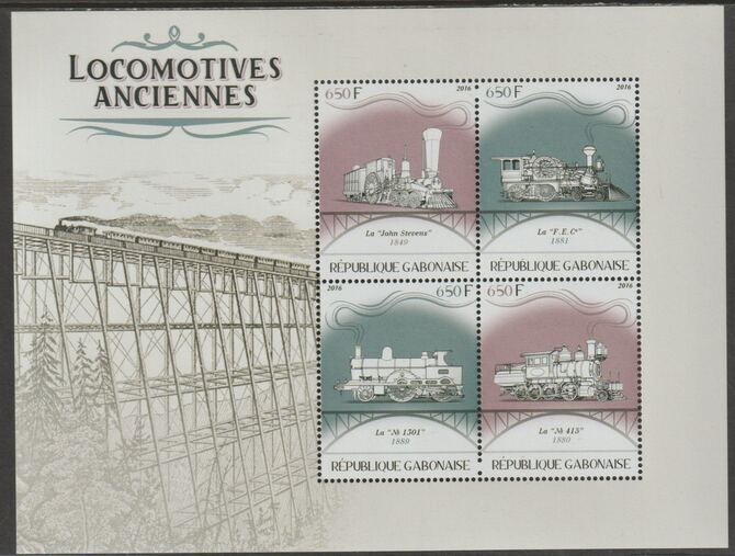 Gabon 2016 Early Locomotives #4 perf sheet containing four values unmounted mint, stamps on railways, stamps on bridges