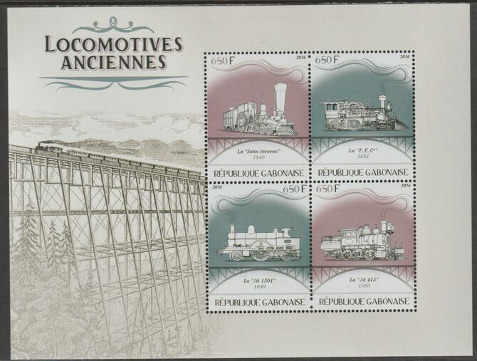 Gabon 2016 Early Locomotives #4 perf sheet containing four values unmounted mint, stamps on railways, stamps on bridges