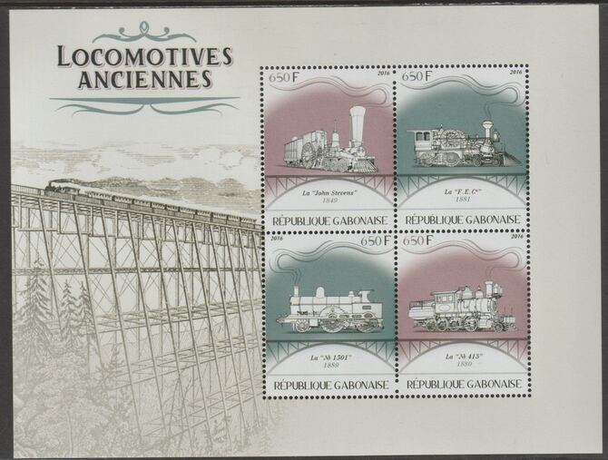 Gabon 2016 Early Locomotives #4 perf sheet containing four values unmounted mint, stamps on , stamps on  stamps on railways, stamps on  stamps on bridges