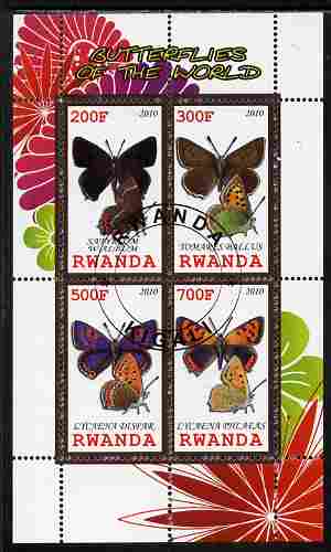 Rwanda 2010 Butterflies of the World #4 perf sheetlet containing 4 values fine cto used, stamps on butterflies