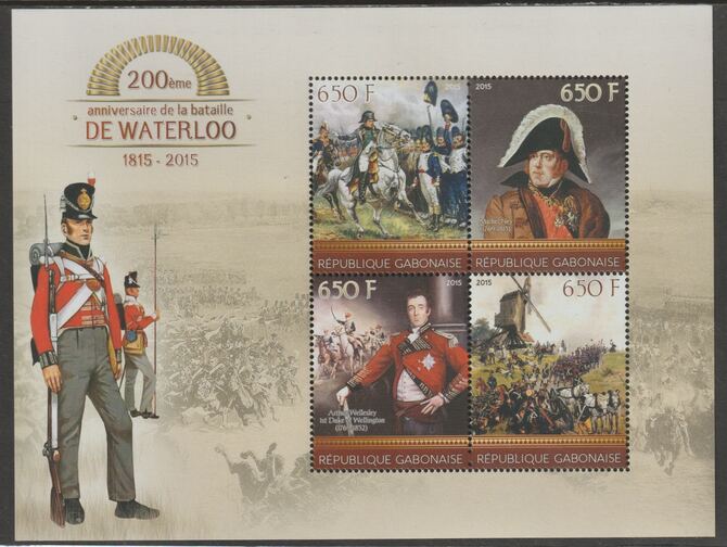Gabon 2015 Battle of Waterloo - 200th Anniversary perf sheet containing four values unmounted mint, stamps on personalities, stamps on battles, stamps on waterloo, stamps on napoleon, stamps on windmills, stamps on militaria