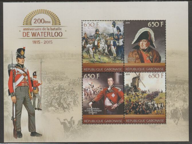 Gabon 2015 Battle of Waterloo - 200th Anniversary perf sheet containing four values unmounted mint, stamps on , stamps on  stamps on personalities, stamps on  stamps on battles, stamps on  stamps on waterloo, stamps on  stamps on napoleon, stamps on  stamps on windmills, stamps on  stamps on militaria