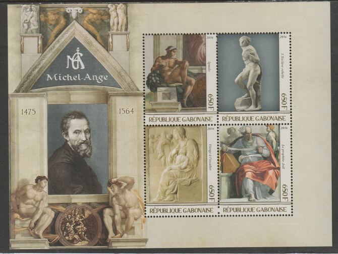 Gabon 2016 Michelangelo perf sheet containing four values unmounted mint, stamps on personalities, stamps on arts, stamps on michelangelo