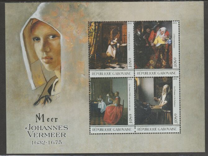 Gabon 2016 Johannes Vermeer perf sheet containing four values unmounted mint, stamps on personalities, stamps on arts, stamps on vermeer
