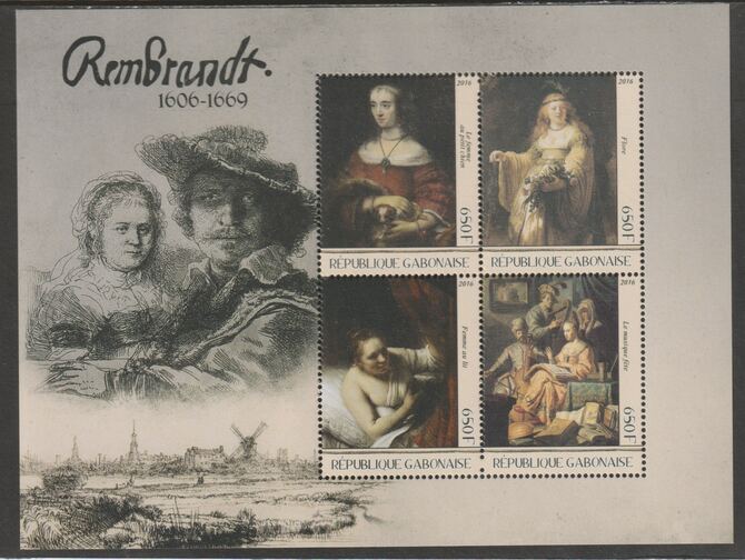 Gabon 2016 Rembrandt perf sheet containing four values unmounted mint, stamps on , stamps on  stamps on personalities, stamps on  stamps on arts, stamps on  stamps on rembrandt, stamps on  stamps on windmills