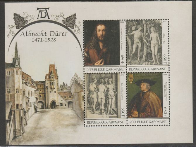 Gabon 2016 Albrecht Durer perf sheet containing four values unmounted mint, stamps on personalities, stamps on arts, stamps on durer