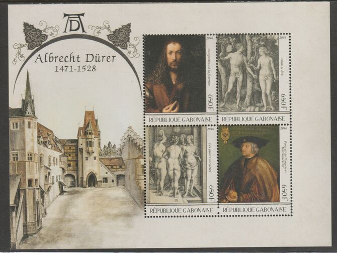 Gabon 2016 Albrecht Durer perf sheet containing four values unmounted mint, stamps on , stamps on  stamps on personalities, stamps on  stamps on arts, stamps on  stamps on durer