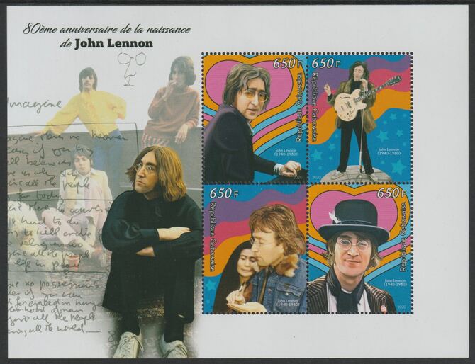 Gabon 2020 John Lennon perf sheet containing four values unmounted mint, stamps on personalities, stamps on music, stamps on lennon, stamps on beatles, stamps on rock, stamps on pops