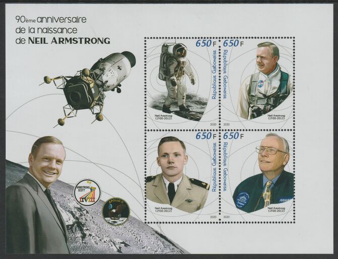 Gabon 2020 Neil Armstrong 90th Birth Anniversary perf sheet containing four values unmounted mint, stamps on personalities, stamps on space, stamps on armstrong, stamps on apollo