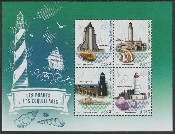Gabon 2018 Lighthouses & Shells perf sheet containing four values unmounted mint, stamps on lighthouses, stamps on shells