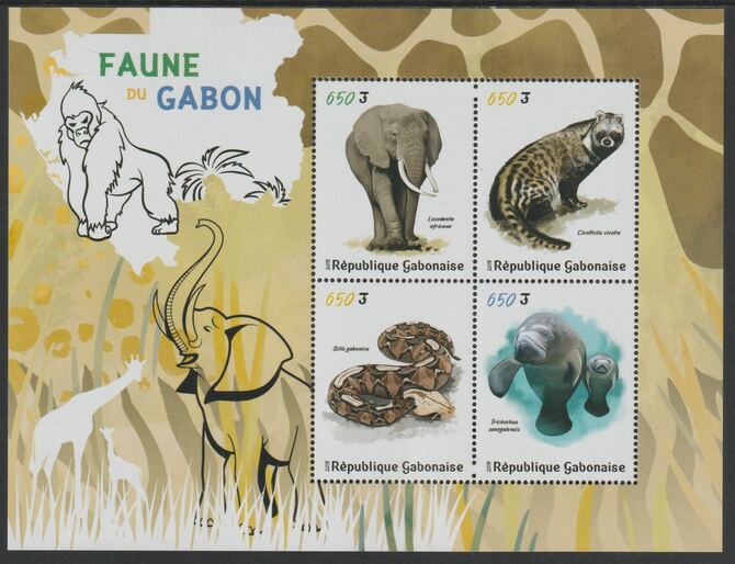 Gabon 2018 Fauna of Gabon perf sheet containing four values unmounted mint, stamps on animals, stamps on elephants, stamps on civets, stamps on manatee, stamps on snakes