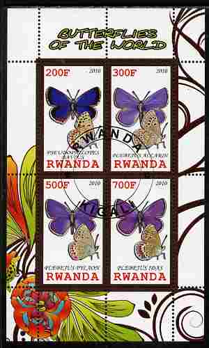 Rwanda 2010 Butterflies of the World #5 perf sheetlet containing 4 values fine cto used, stamps on butterflies