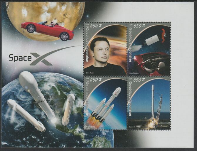 Gabon 2018 SpaceX perf sheet containing four values unmounted mint, stamps on spacex, stamps on tesla, stamps on rockets, stamps on cars