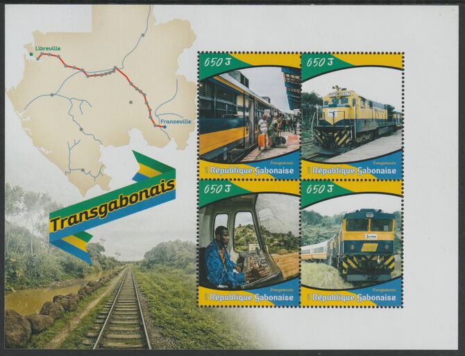 Gabon 2018 Railways perf sheet containing four values unmounted mint, stamps on , stamps on  stamps on railways, stamps on  stamps on maps