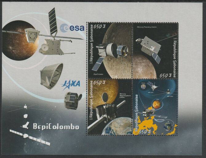 Gabon 2018 Space - BepiColombo perf sheet containing four values unmounted mint, stamps on , stamps on  stamps on space, stamps on  stamps on bepicolombo, stamps on  stamps on satellites