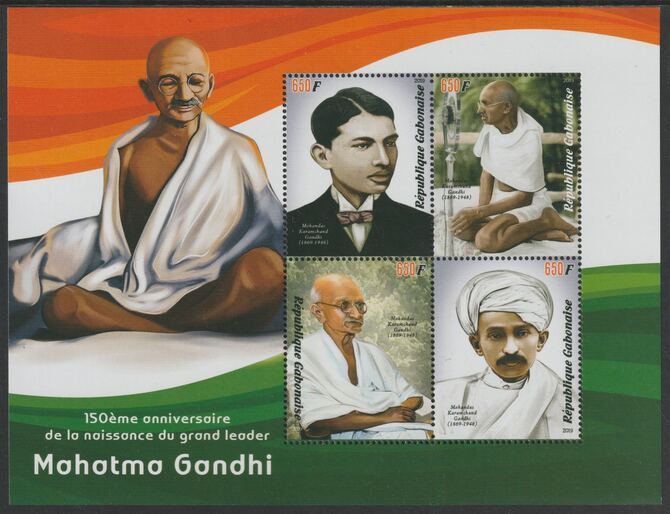 Gabon 2019 Mahatma Gandhi perf sheet containing four values unmounted mint, stamps on , stamps on  stamps on personalities, stamps on  stamps on gandhi, stamps on  stamps on , stamps on  stamps on 