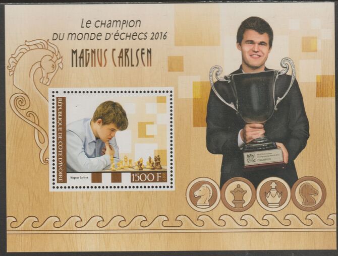 Ivory Coast 2017 Magnus Carlsen - Chess  #1 perf sheet containing one value unmounted mint, stamps on carlsen, stamps on chess