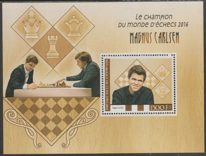 Ivory Coast 2017 Magnus Carlsen - Chess  #2 perf sheet containing one value unmounted mint, stamps on carlsen, stamps on chess