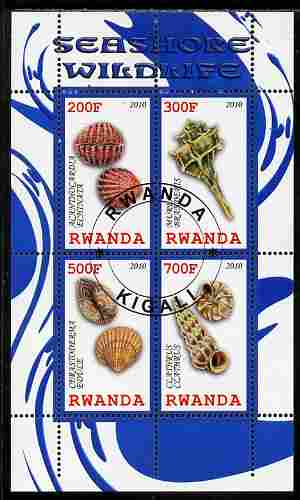 Rwanda 2010 Seashore Wildlife (Shells) perf sheetlet containing 4 values fine cto used, stamps on marine life, stamps on shells