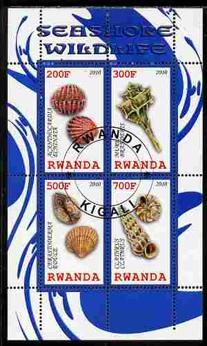 Rwanda 2010 Seashore Wildlife (Shells) perf sheetlet containing 4 values fine cto used, stamps on , stamps on  stamps on marine life, stamps on  stamps on shells