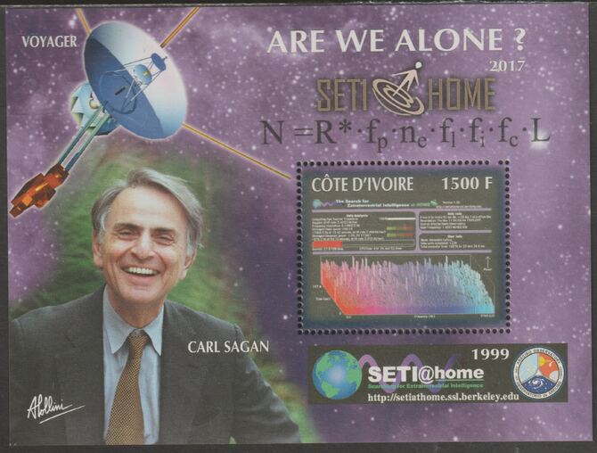 Ivory Coast 2017 Carl Sagan & Voyager Missions  #2 perf sheet containing one value unmounted mint, stamps on space, stamps on voyager, stamps on sagan, stamps on 