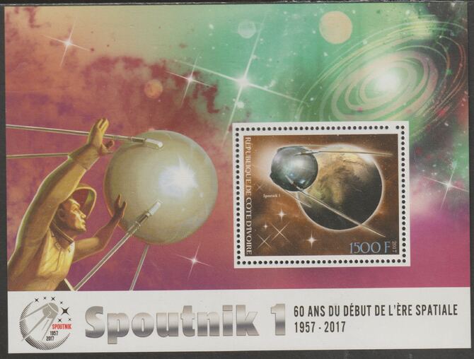 Ivory Coast 2017 Sputnik 60th Anniversary #2 perf sheet containing one value unmounted mint, stamps on , stamps on  stamps on space, stamps on  stamps on sputnik