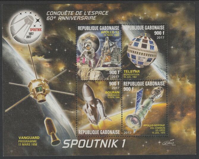 Gabon 2017  Space Anniversaries perf sheet containing four values unmounted mint, stamps on space, stamps on sputnik, stamps on satellites, stamps on 