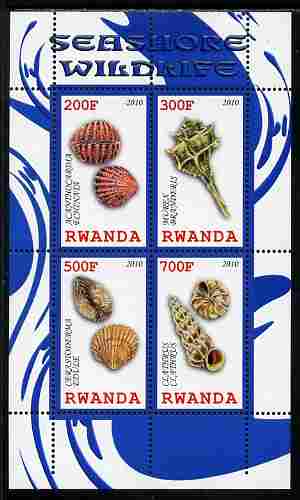 Rwanda 2010 Seashore Wildlife (Shells) perf sheetlet containing 4 values unmounted mint, stamps on marine life, stamps on shells