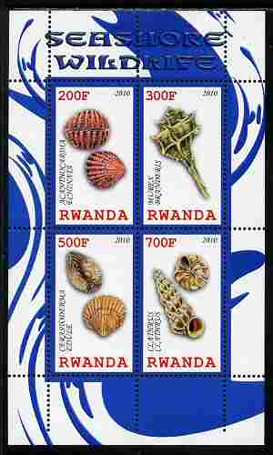 Rwanda 2010 Seashore Wildlife (Shells) perf sheetlet containing 4 values unmounted mint, stamps on , stamps on  stamps on marine life, stamps on  stamps on shells