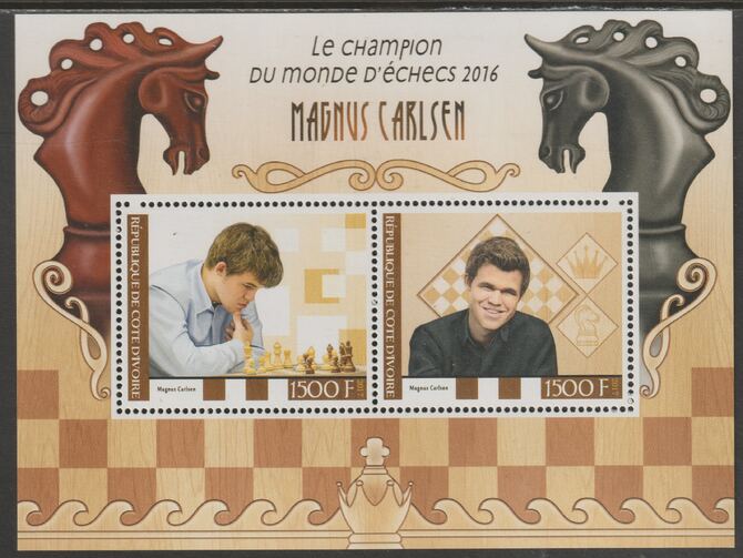Ivory Coast 2017 Magnus Carlsen - Chess  perf sheet containing two values unmounted mint, stamps on carlsen, stamps on chess