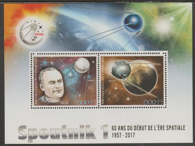 Ivory Coast 2017 Sputnik 60th Anniversary perf sheet containing two values unmounted mint, stamps on space, stamps on sputnik