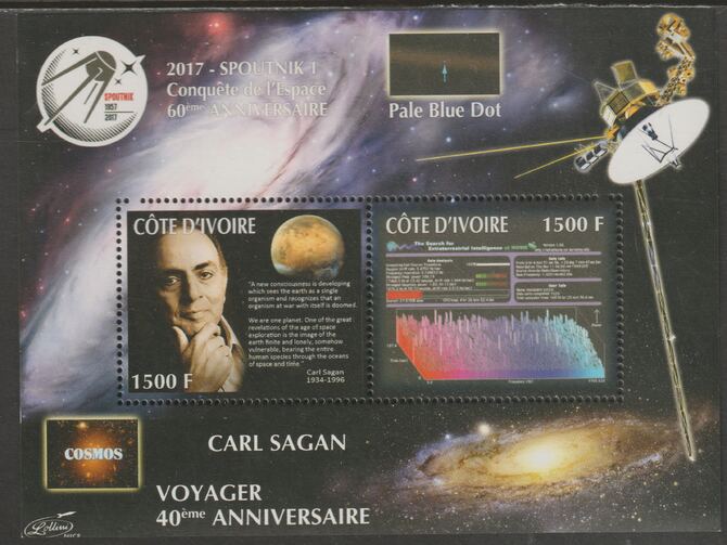 Ivory Coast 2017 Carl Sagan & Voyager Missions perf sheet containing two values unmounted mint, stamps on space, stamps on voyager, stamps on sagan, stamps on 