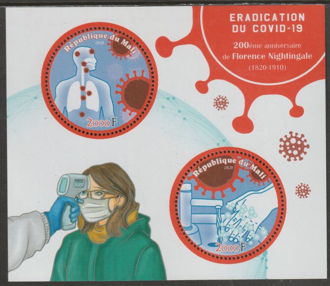 Mali 2020 Eradication of Covid perf sheet containing two circular value2 unmounted mint, stamps on shaped, stamps on medical, stamps on diseases