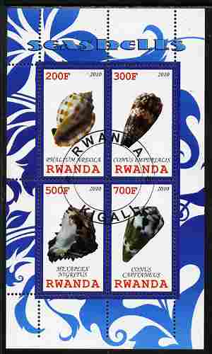 Rwanda 2010 Sea Shells #1 perf sheetlet containing 4 values fine cto used, stamps on marine life, stamps on shells