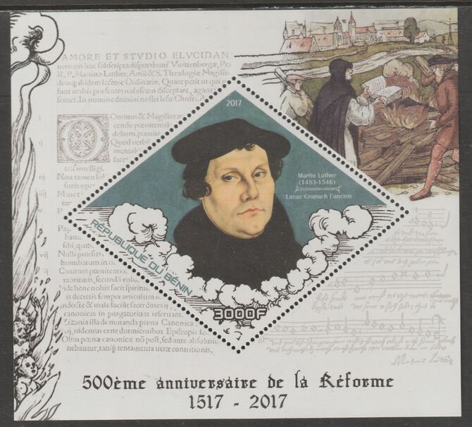 Benin 2017 The Reformation perf sheet containing one diamond shaped value unmounted mint, stamps on , stamps on  stamps on shaped, stamps on  stamps on  diamond, stamps on  stamps on reformation