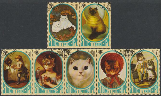 St Thomas & Prince Islands 1981 Paintings of Cats perf set of 7 fine cds used , stamps on , stamps on  stamps on arts, stamps on  stamps on cats, stamps on  stamps on 