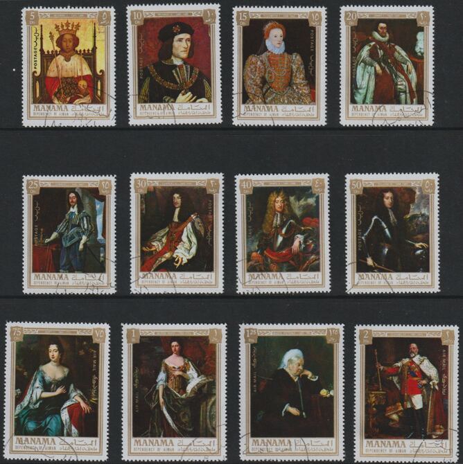 Manama 1971 British Kings & Queens complete perf perf set of 12 fine cds used , Mi 734-45, stamps on royalty