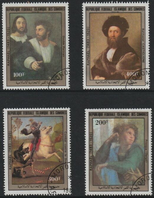 Comoro Islands 1983 500th Birth Anniversary of Raphael perf set of 4 fine cds used , SG 531-34, stamps on arts, stamps on raphael, stamps on horses