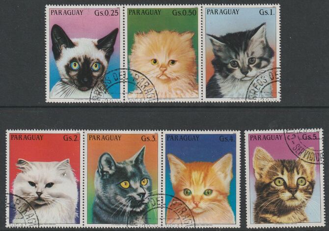 Paraguay 1984 Domestic Cats perf set of 7 fine cds used, stamps on , stamps on  stamps on cats
