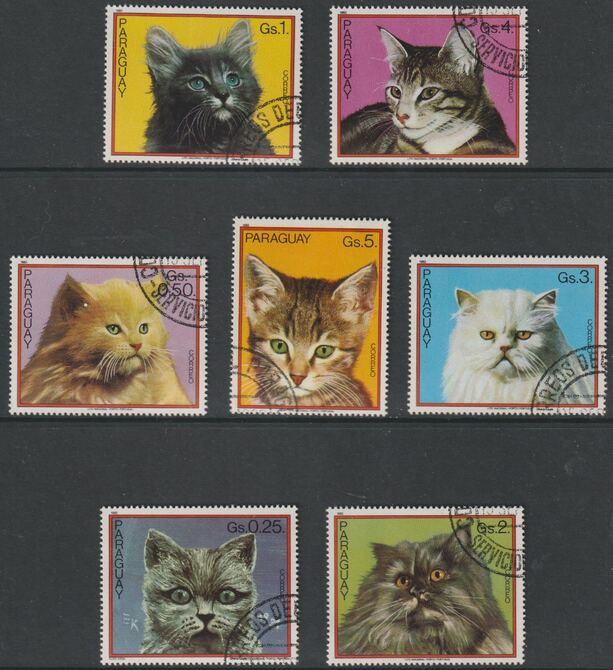 Paraguay 1982 Domestic Cats perf set of 7 fine cds used, stamps on , stamps on  stamps on cats