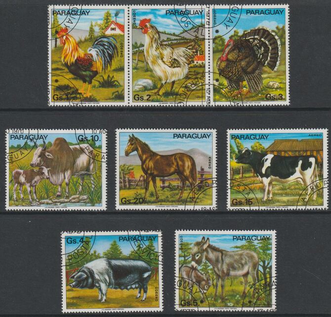 Paraguay 1976 Domesticated Animals perf set of 8 fine cds used, stamps on , stamps on  stamps on farming, stamps on  stamps on animals, stamps on  stamps on chickens, stamps on  stamps on horses, stamps on  stamps on cattle, stamps on  stamps on donkeys, stamps on  stamps on turkeys