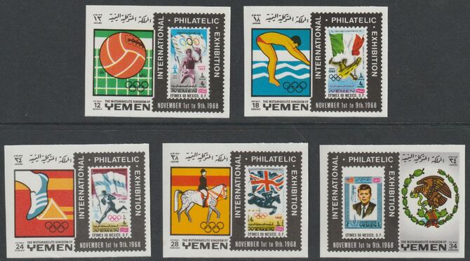 Yemen - Royalist 1968 Efimex Stamp Exhibition set of 5 unmounted mint (Mi 627-31A), stamps on , stamps on  stamps on kennedy, stamps on  stamps on personalities, stamps on  stamps on olympics, stamps on  stamps on postal, stamps on  stamps on sport, stamps on  stamps on stamp on stamp, stamps on  stamps on stamp exhibitions, stamps on  stamps on horses, stamps on  stamps on show jumping, stamps on  stamps on stamponstamp