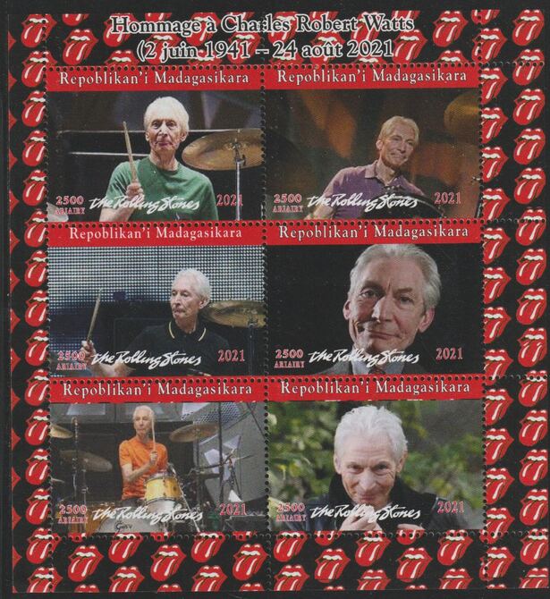 Madagascar 2021 Tribute to Charlie Watts (Rolling Stones) perf sheet containing 6 values unmounted mint, stamps on , stamps on  stamps on personalities, stamps on  stamps on music, stamps on  stamps on rock, stamps on  stamps on pops, stamps on  stamps on rolling stones